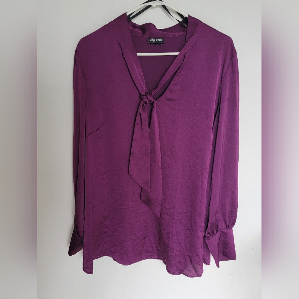 City Chic Purple Tie Neck Blouse Size 14